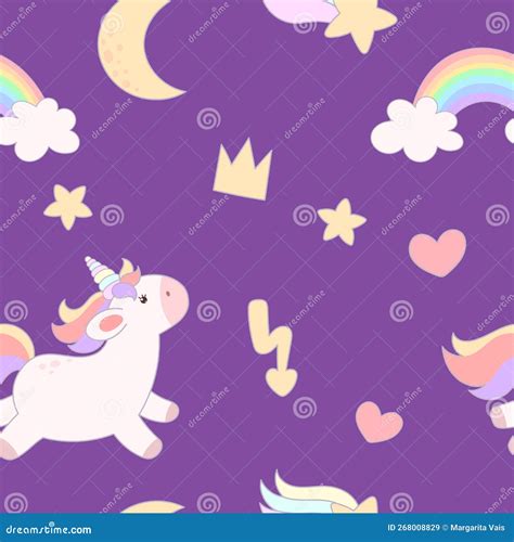 Seamless Pattern With Cute Unicorns Hearts Rainbows Crown Lightning