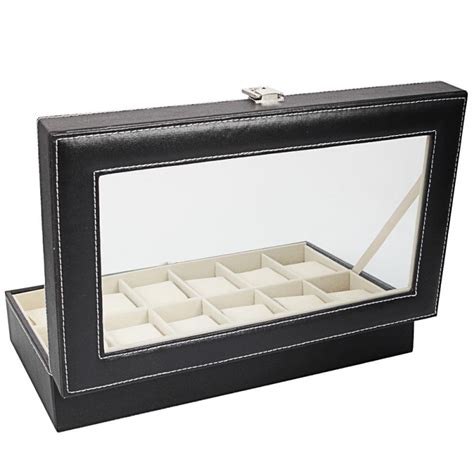 Zimtown New 12 Slot Leather Watch Box Display Case Organizer Glass Top Jewelry Storage Zimtown