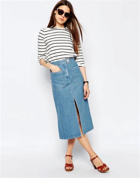 Asos Denim Midi Skirt With Patch Pockets In Mid Wash Blue At