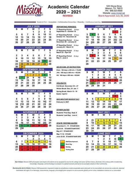 New 2020 2021 School Calendar Approved Mission Consolidated