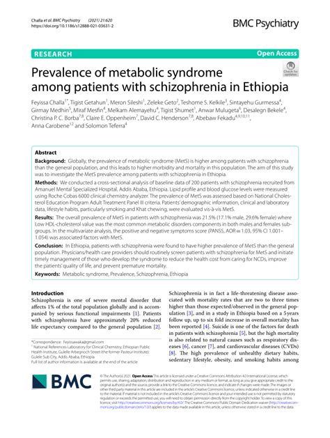 pdf prevalence of metabolic syndrome among patients with schizophrenia in ethiopia