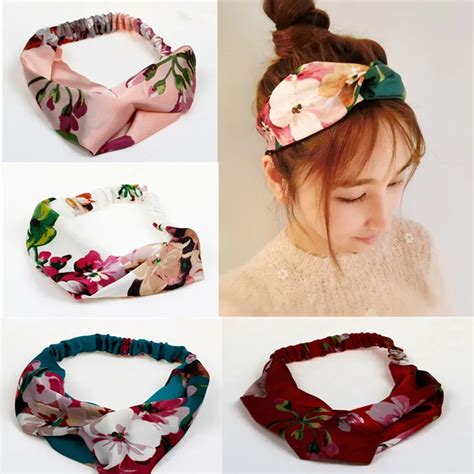M Mism Women Wide Floral Silk Headband Vintage Floral Printing Stretch Soft Knotted Hair Band