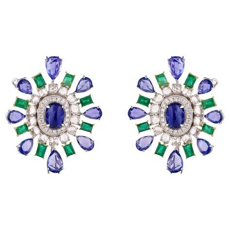 Emerald And Blue Sapphire Earring In Karat White Gold With Diamonds