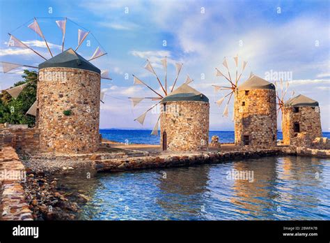 Authentic Traditional Greece Scenery Old Windmills Near The Sea