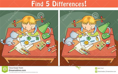 Find Differences Game With A Cartoon Girl Drawing A
