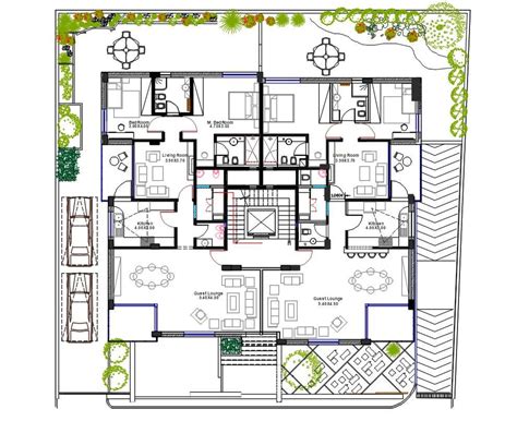 2 Bhk Luxurious Apartment House Plan With Landscaping Design Cadbull