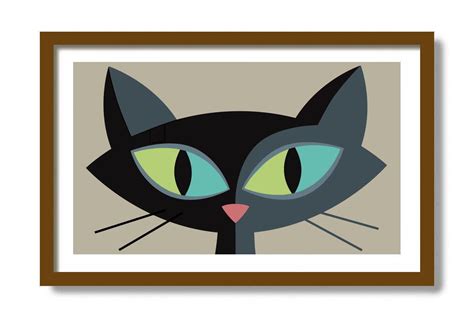 Mid Century Modern Cat Art Black Cat Wall Art Decor Print Tabby Cat