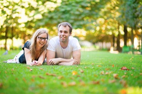 Happy Smiling Couple Lying On The Grass Stock Image Image Of Male Leisure 36865219