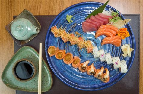 Differents Japanese Sushi On A Elegant Blue Plate Stock Image Image