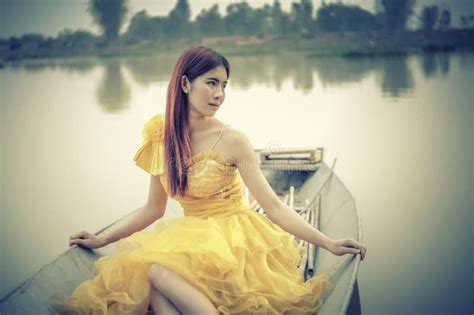 Asia Beautiful Woman In Yellow Dress Sit On Boat Stock Image Image Of