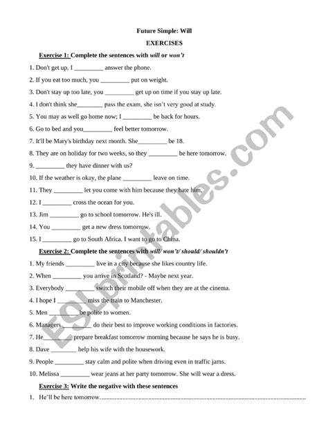 Future Simple Will Exercises Esl Worksheet By Anhhoa1652