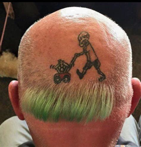Lawn Mower Tattoo On Bald Head