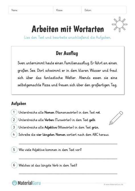 Arbeitsblatt Wortarten 3 Klasse Anika Brinn Grundschule