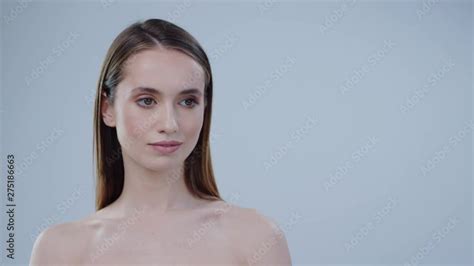 Close Up Young Naked Woman Look Touch Hands Around Grey Background Care