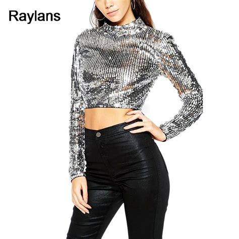 Raylans Women Luxury Silver Sequins Shirt Sexy Midriff Baring Tees Shirt 2018 Elegant Shiny Club