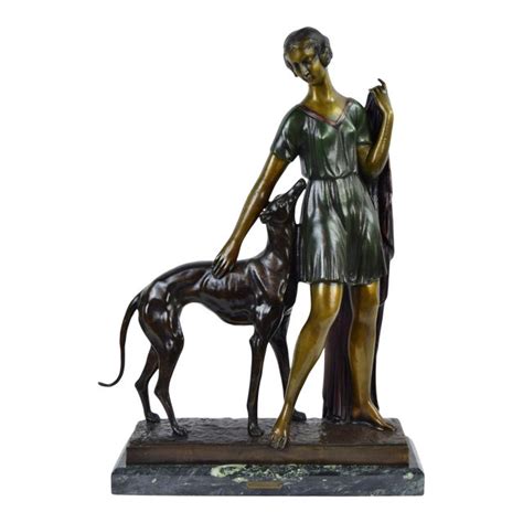 Art Deco Bronze Sculpture Femme Au Levrier Woman W Greyhound After