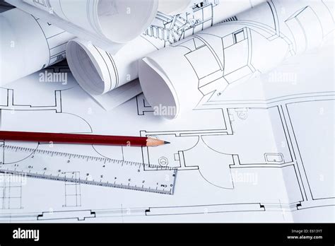 Architecture Blueprints With Pencil And Ruler Stock Photo Alamy