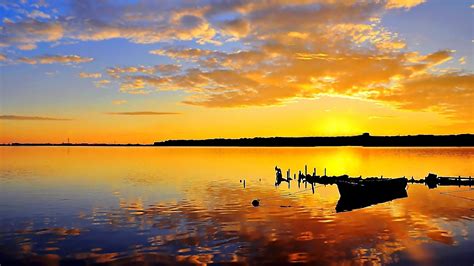 Golden Sunset On The Lake Wallpaper Nature And Landscape Wallpaper