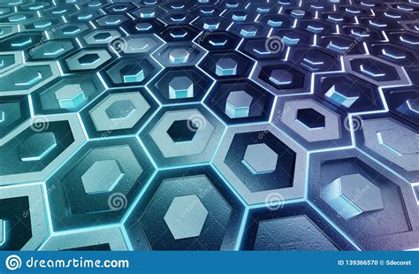 Glowing Black And Blue Hexagons Background Pattern On Silver Metal