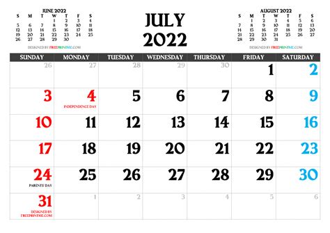 Free Printable 2022 Monthly Calendar With Holidays July December