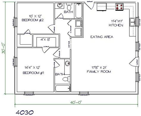 Barndominium Floor Plan 2 Bedroom 2 Bathroom 40x30 Shop House Plans