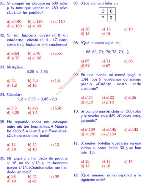 Problemas De Matem Aticas Cuarto Grado