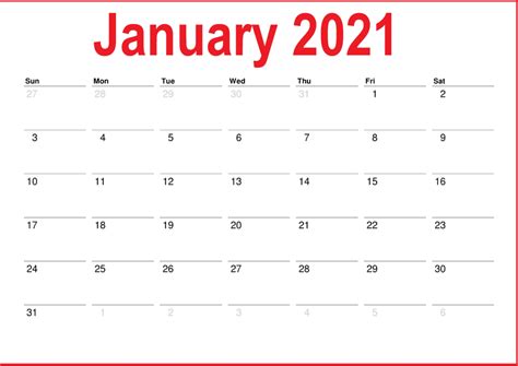 Download pritnable january calendar template to print it out at home or upload to goodnotes. Free January Calendar 2021 Printable Template Blank In PDF ...
