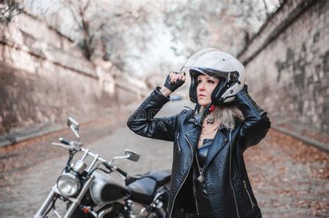 Beautiful Biker Woman Outdoor With Motorcycle Stock Photo Image Of