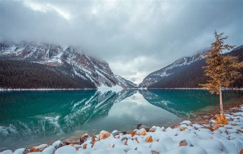 Wallpaper Winter Clouds Snow Mountains Lake Park Stones Canada