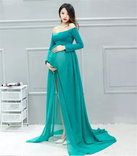 L Xl Green Maternity Dress Photo Shoot Maxi Maternity Gown Split Front