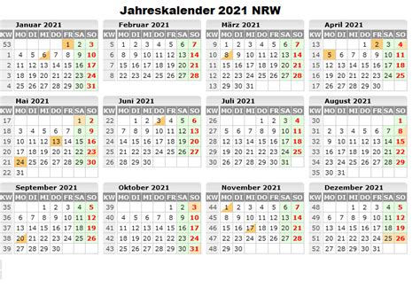Kalender 2021 mit kalenderwochen und feiertagen. Kostenlos Jahreskalender 2021 NRW Zum Ausdrucken | The Beste Kalender