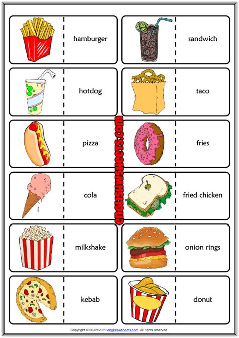 Fast Food ESL Printable Dominoes Game For Kids