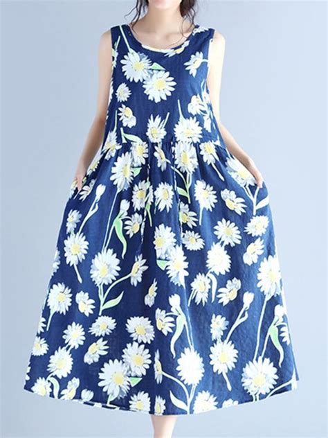 Floral Dresses Races Casual Women Floral Printed Sleeveless Drawstring