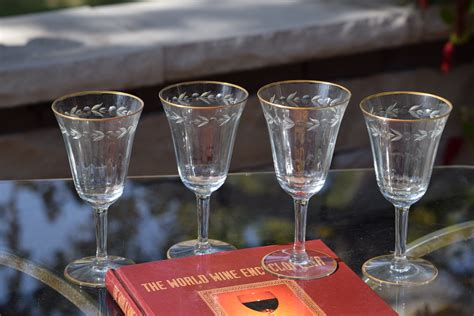 4 Vintage Gold Rimmed Etched Wine Glasses 1950 S Gold Rimmed Etched Water Goblets Vintage