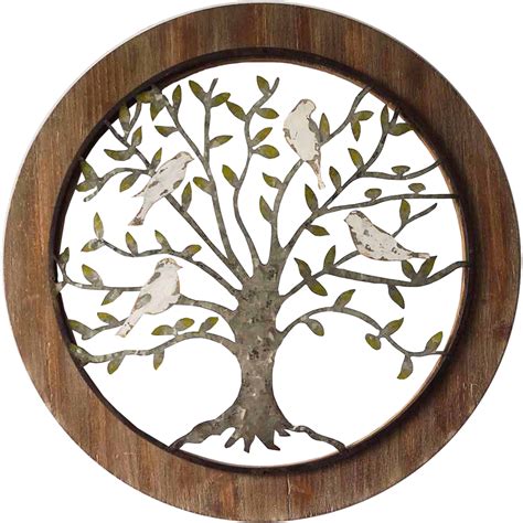 Round Galvanised Metal And Wood Tree Of Life Wall Decor 60cm Homeshoppe