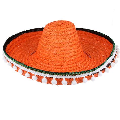 Maz Mexican Sombrero Pom Poms Wild Western Straw Hat Orange