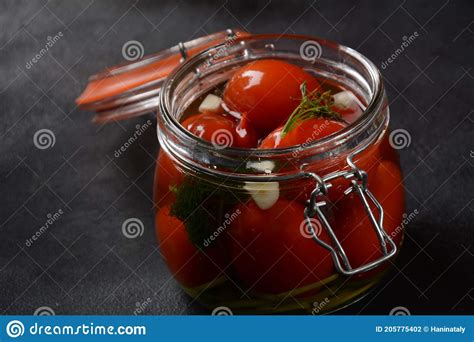 Pickled Cherry Tomatoes In A Glass Jar Stock Photo Image Of Green