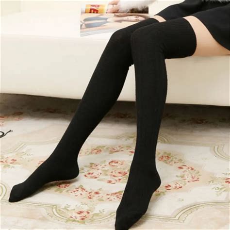 1 pair women solid colors fashion sexy warm thigh high over the knee long cotton stockings for