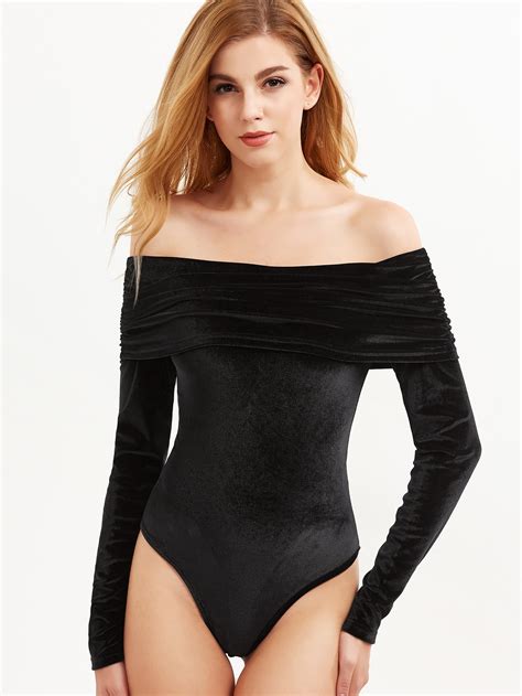 Black Ruched Fold Bardot Velvet Bodysuit Shein Sheinside