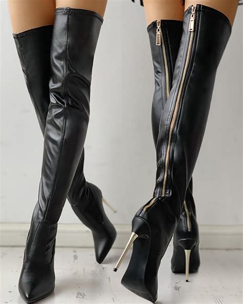 Zipper Knee High Thin Heel Boots Heeled Boots Boots Womens Fashion Shoes