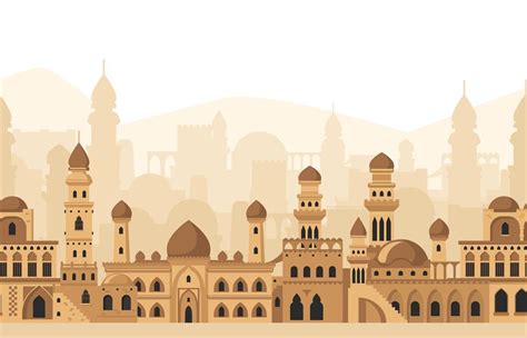 Arabic City Traditional Mosque Buildings Silhouettes Panorama View Is