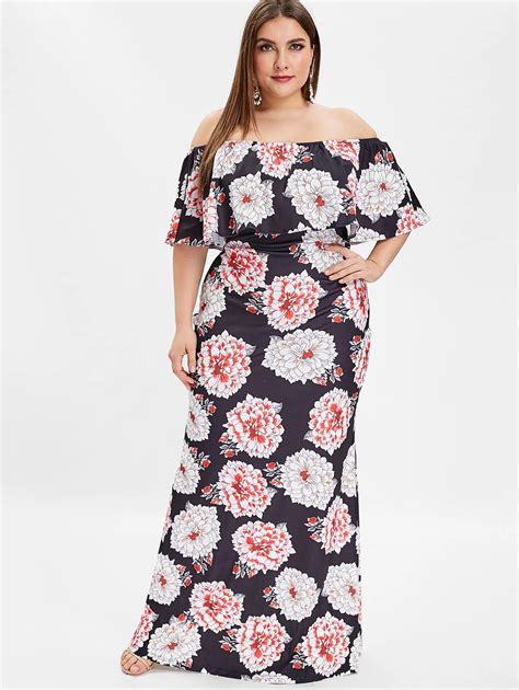 Wipalo Plus Size Floral Print Maxi Dress Summer Off The Shoulder Half