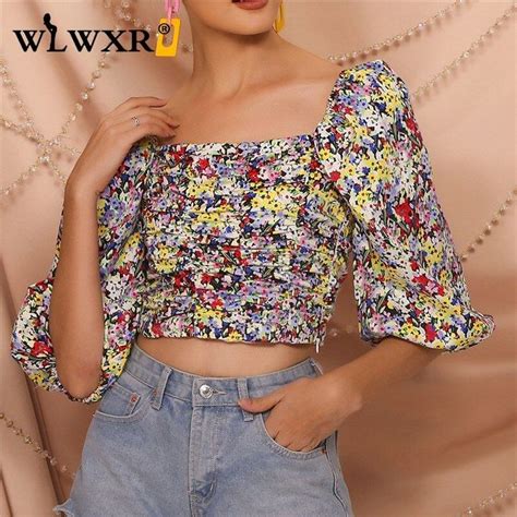 Floral Puff Sleeve Shirt Blouse Crop Top Boho Shirts Blouses For