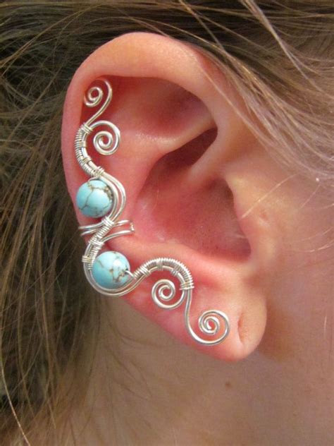Turquoise Sterling Silver Double Spiral Ear Cuff Blue Beaded Etsy