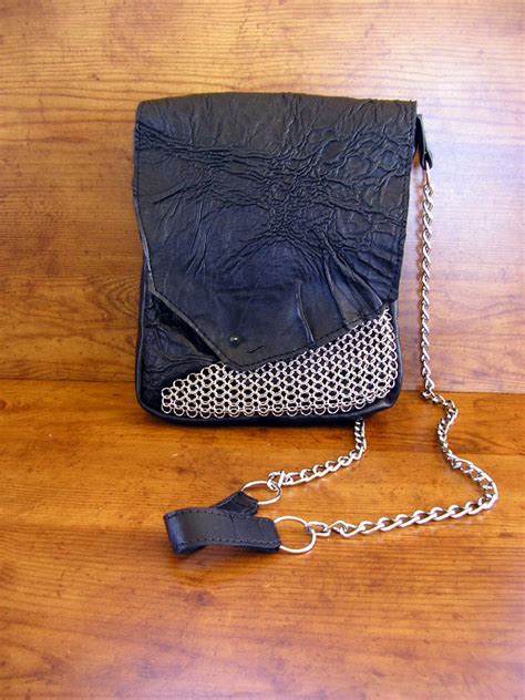 Black Lambskin Leather And Chainmail Purse With A Spike Etsy Nederland