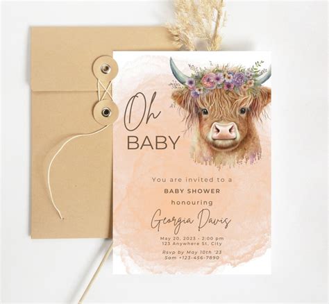 Highland Cow Baby Shower Invitation Boho Highland Cow Baby Etsy