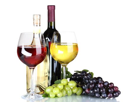 Ripe Grapes Wine Glasses And Bottles Of Wine Isolated On White