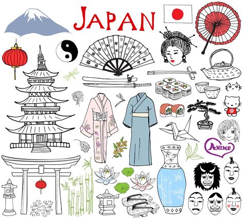 Japan Doodles Elements Hand Drawn Sketch Set With Fujiyama Mountain