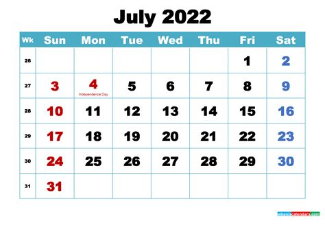 Free July 2022 Calendar With Holidays Printable