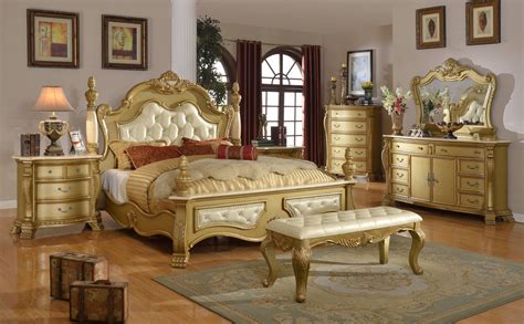 Lavish Rich Gold Tufted Bonded Leather Master Bedroom Set Bedroom